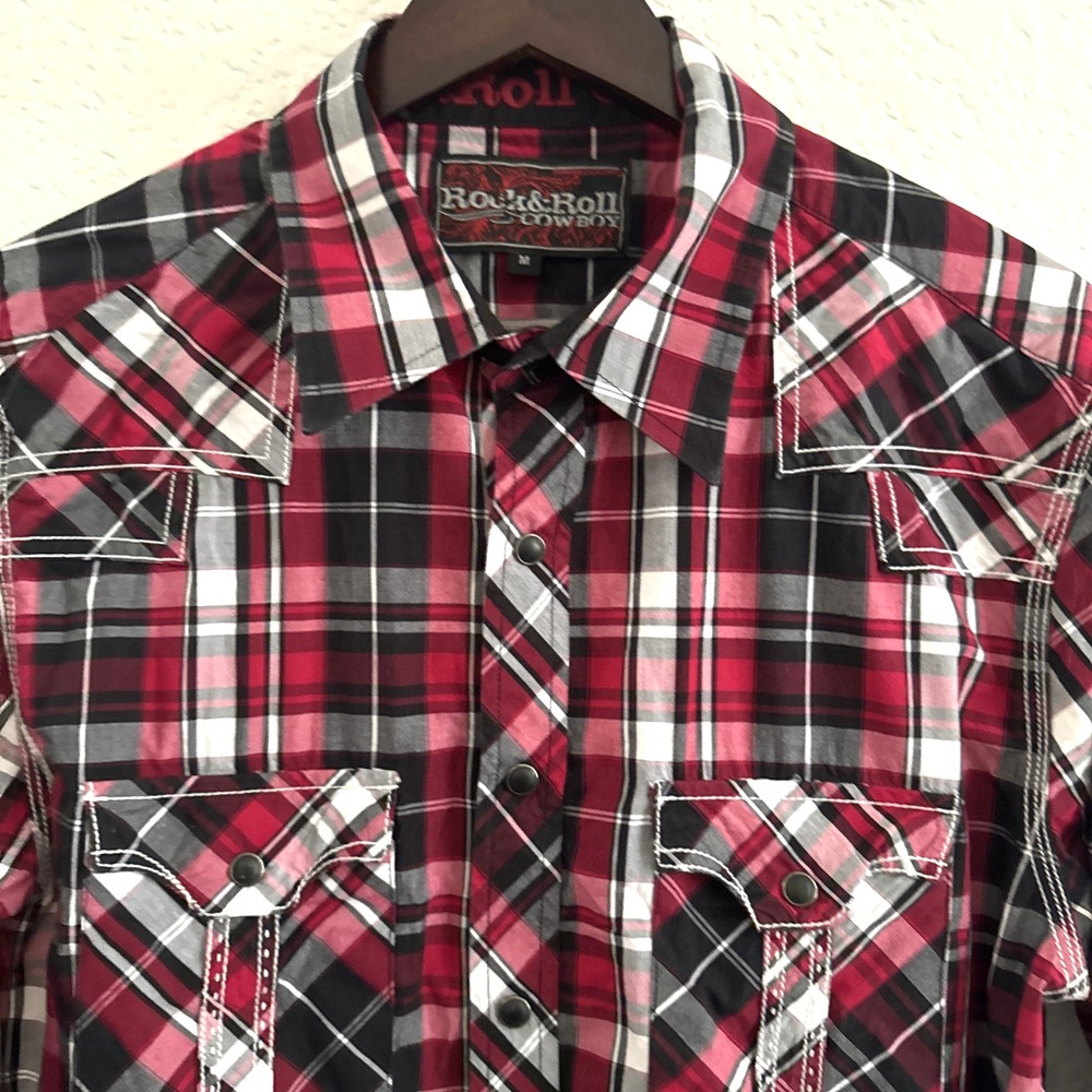 Rock & Roll Cowboy Men's Medium Plaid Western Long Sleeve Pearl Snap Shirt Red